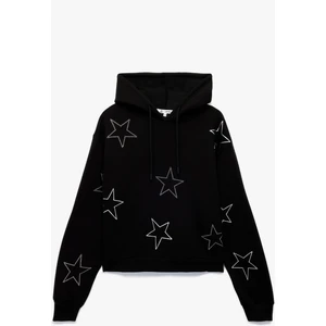 Şardonlu Uzun Kollu Kapüşonlu Oversize Taşlı Sweatshirt