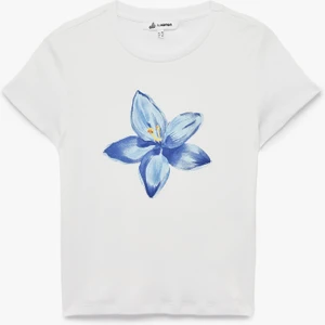 Kısa Kollu Bisiklet Yaka Pamuklu Çiçek Baskılı Tişört