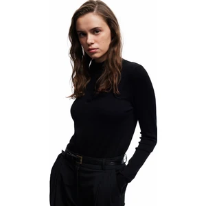 Hafif Dik Yaka Yarım Düğme Detaylı Uzun Kollu Triko Basic Kazak