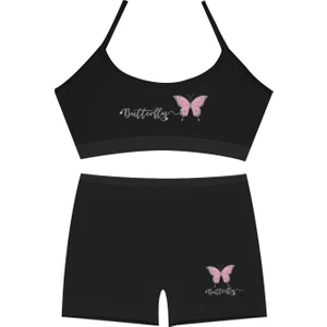 Kız Çocuk Bustiyer Şort Likralı Siyah Kelebek (%96 Pamuk - %4 Elastan)