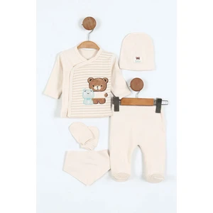 Yeni Doğan Ayıcıklı Çizgi Desen Patikli Bebek 5'li Zıbın Takım - Hastane Çıkışı Krem