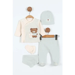 Yeni Doğan Ayıcıklı Çizgi Desen Patikli Bebek 5'li Zıbın Takım - Hastane Çıkışı Su Yeşili