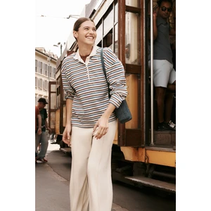 Çizgili Oversize Polo Yaka Uzun Kollu Üst