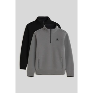 Tommy Life Dik Yaka Yarım Fermuarlı 2li Paket Siyah-Gri Melanj Erkek Polar Sweatshirt - 87891
