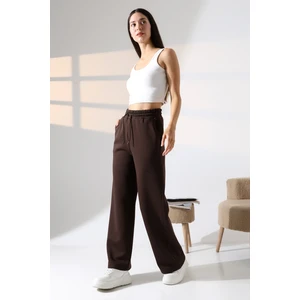 Şardonlu Penye Kompakt Paçası Geniş Kışlık Palazzo Eşofman Altı 21776 Kahve