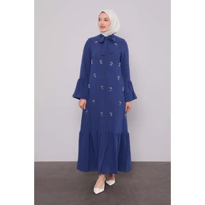 Indigo Fular Detaylı Işlemeli Ferace