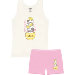 Kız Çocuk Atlet Boxer Likralı Ekru Kedi (%96 Pamuk - %4 Elastan)