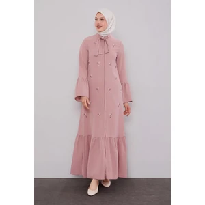 Pudra Fular Detaylı Işlemeli Ferace