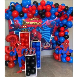 80 Adet Kirmizi Siyah Lacivert Balon+5metre Zincir Örümcek Adam Spiderman