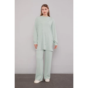 Mint Yeşili Şerit Taş Detaylı Ikili Takım
