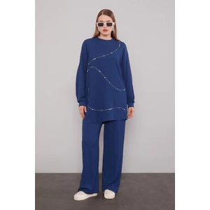 Lacivert Şerit Taş Detaylı Ikili Takım