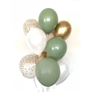 10 Adet Küf Yeşilli Balon Demeti Krom Altın 3 Küf Yeşili + 3 Beyaz + 2 Krom Altın + 2 Şeffaf Balon