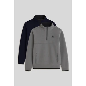 Tommy Life Dik Yaka Yarım Fermuarlı 2li Paket Lacivert-Gri Melanj Erkek Polar Sweatshirt - 87891