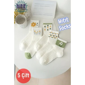 Kadın 5 Çift Premium Kalite Yeşil Çiçek Desenli Soket Çorap