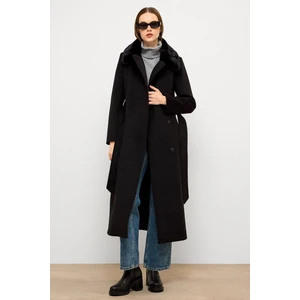 Yakası Çıkabilen Kürklü Punto Dikiş Detaylı Premium Uzun Kaban Siyah 3092