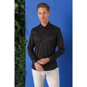 Slim Fit Düğmeli Yaka Pamuklu Klasik Siyah Gömlek Gk 714