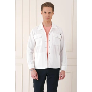 Comfort Fit Kapaklı Cep Fitilli Dokuma Esnek Pamuk Ekru Gömlek Ceket G 1561