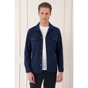 Comfort Fit Kapaklı Cep Fitilli Dokuma Esnek Pamuk Lacivert Gömlek Ceket G 1561