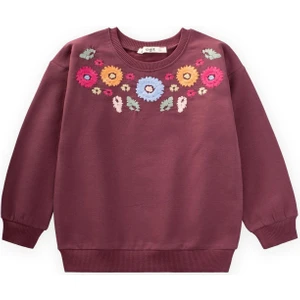 Çiçek Nakışlı Sweatshirt 2-7 Yaş Mürdüm