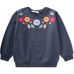 Çiçek Nakışlı Sweatshirt 2-7 Yaş Lacivert