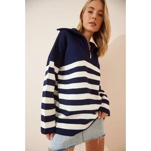 Fermuarlı Dik Yaka Çizgili Oversize Triko Kazak LBV0014 Lacivert Beyaz