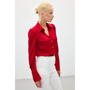 Vatkalı Saten Gömlek - Kırmızı