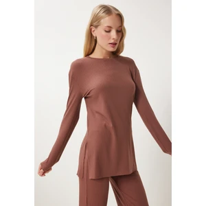 Rahat Fitilli Örme Bluz Pantolon Takım LOW0025 Kahverengi