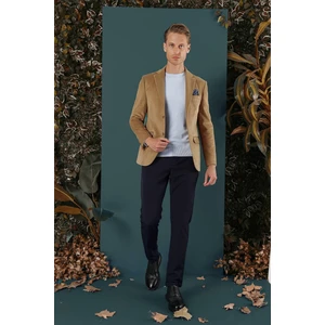 Camel Kadife Slim Fit Çift Yırtmaçlı Mono Yaka Casual Ceket