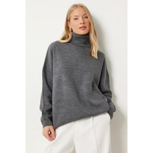 Balıkçı Yaka Oversize Triko Kazak LBV0011 Gri