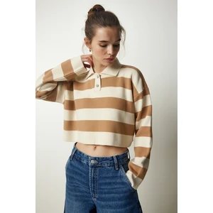 Şık Düğmeli Yaka Çizgili Crop Triko Kazak LBV0020 Krem Bisküvi