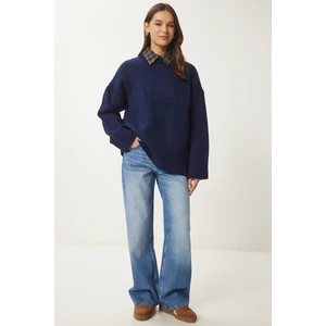 Yumuşak Dokulu Oversize Triko Kazak LPF0063 Lacivert