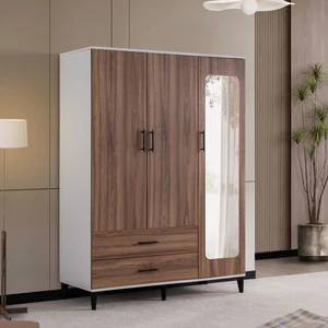 Gardırop, Blesk 3 Kapaklı Aynalı Çekmeceli Beyaz-Ceviz Dolap