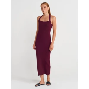 90253 Halter Yaka Fitilli Triko Elbise-Bordo