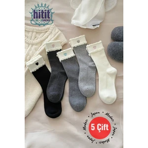 Kadın 5 Çift Premium Kalite Dantel Kalp Desenli Çift Katmanlı Kore Tarzı Soket Çorap