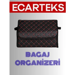 Oto Bagaj Organizeri Kapitone Deri Çanta Siyah-Kırmızı Renk 40 cm
