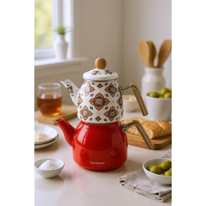 Unique - Bambu Kulplu Emaye Çaydanlık Takımı Turuncu