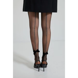 Kadın Kurdele Aksesuarlı Şeritli Ince Külotlu Çorap