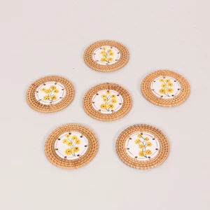 Mylamp Papatya 6'lı Doğal Rattan ve  El Yapımı Seramikli Bardak Altlığı