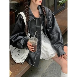 Vintage Kadın Oversize Siyah Deri Ceket