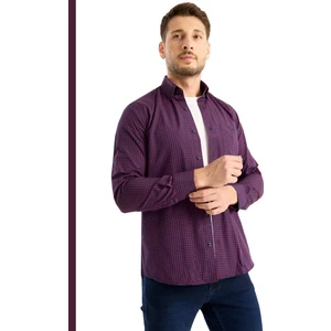 Casual Geniş Kalıp Lacivert Küçük Kareli Uzun Kollu Cepli Pamuklu Erkek Gömlek Yaka Düğmeli