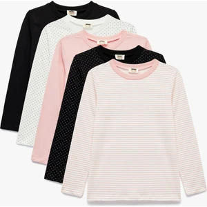 Pamuklu Bisiklet Yaka Uzun Kollu Desenli 5'li Tişört Seti