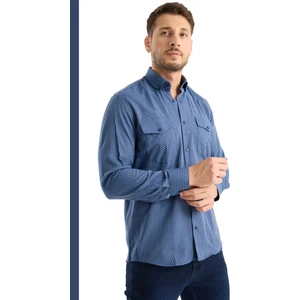 Erkek Gömlek Lacivert Uzun Kollu Pamuklu Kareli Çift Cepli Rahat Günlük Şık Klasik Model