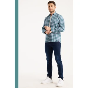 Erkek Gömlek Turkuaz Yeşil Uzun Kollu Pamuklu Kareli Çift Cepli Rahat Günlük Şık Klasik Model