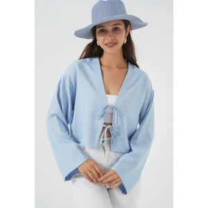 Önü Bağlamalı Keten Kimono 960 - Mavi