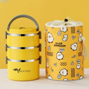 3 Gözlü Çelik Penguen Desenli Sarı Termal Bento Kutusu Çocuklar İçin Şirin