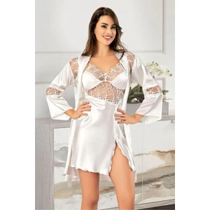 2041 Kadın Dantel Detaylı Saten Ip Askılı Kısa Gecelik Sabahlık Takım-Beyaz