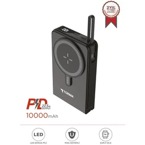 TRM-1019 Siyah 10000 Mah  Mag Safe Type-C  + USB  Kablolu-Kablosuz Taşınabilir 22,5 W Hızlı Şarj Dijital Göstergeli Powerbank