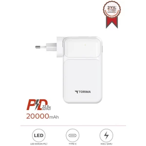 TRM-1027 Beyaz 20000 Mah Type-C + Lightning + USB  Taşınabilir 22,5 W Hızlı Şarj Dijital Göstergeli Powerbank