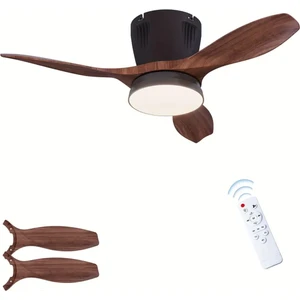 Modern LED Işıklı Tavan Vantilatörü 3 Renk Işık 3 Kademe Hız Sessiz Siyah Gövde Koyu Ceviz Kanat Avize