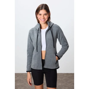 Gri Melanj Kalın Yumuşak Dokulu Kapüşonlu Standart Fit Nakışlı Polar Kadın Sweatshirt -97287